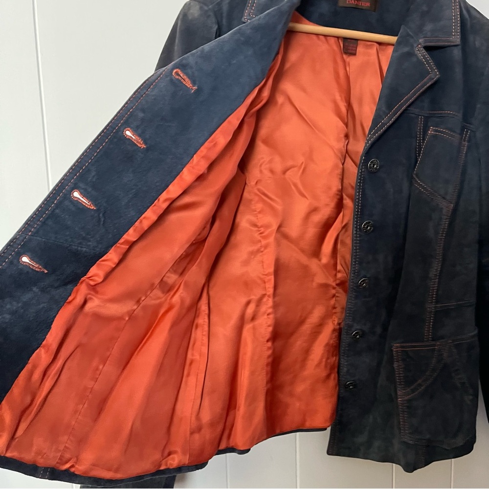 Vintage Danier Suede Leather Denim Blue Jacket Orange Contrast Stitching Y2K - Picture 6 of 13